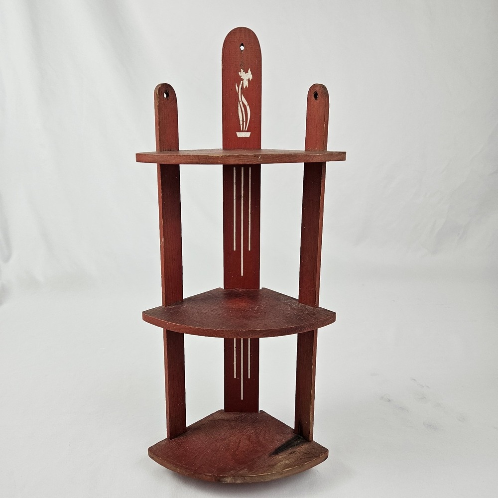Vintage Corner Shelf 3 Tier What Not Display Wall or Counter Wooden Red Art Deco